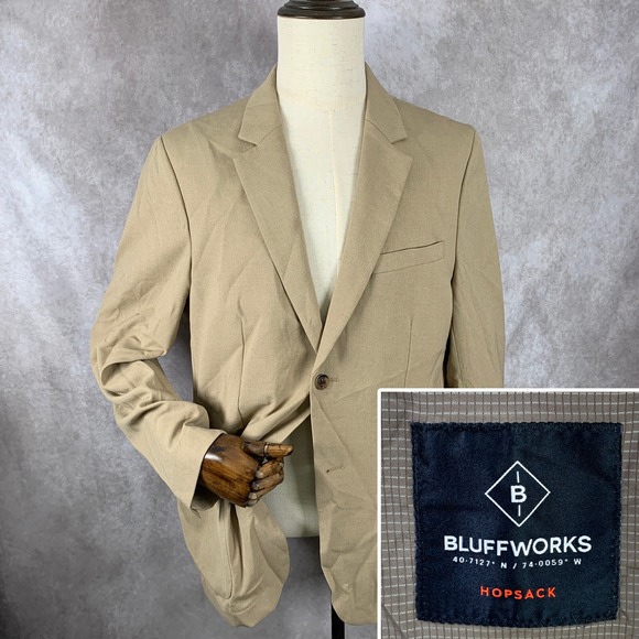 Bluffworks Blazer Jacket Men 42R Hopsack Beige Sport Coat